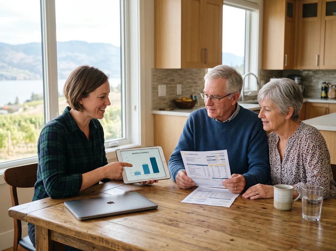 Solar consultant going over figures on a tablet with two homeowners at their kitchen table