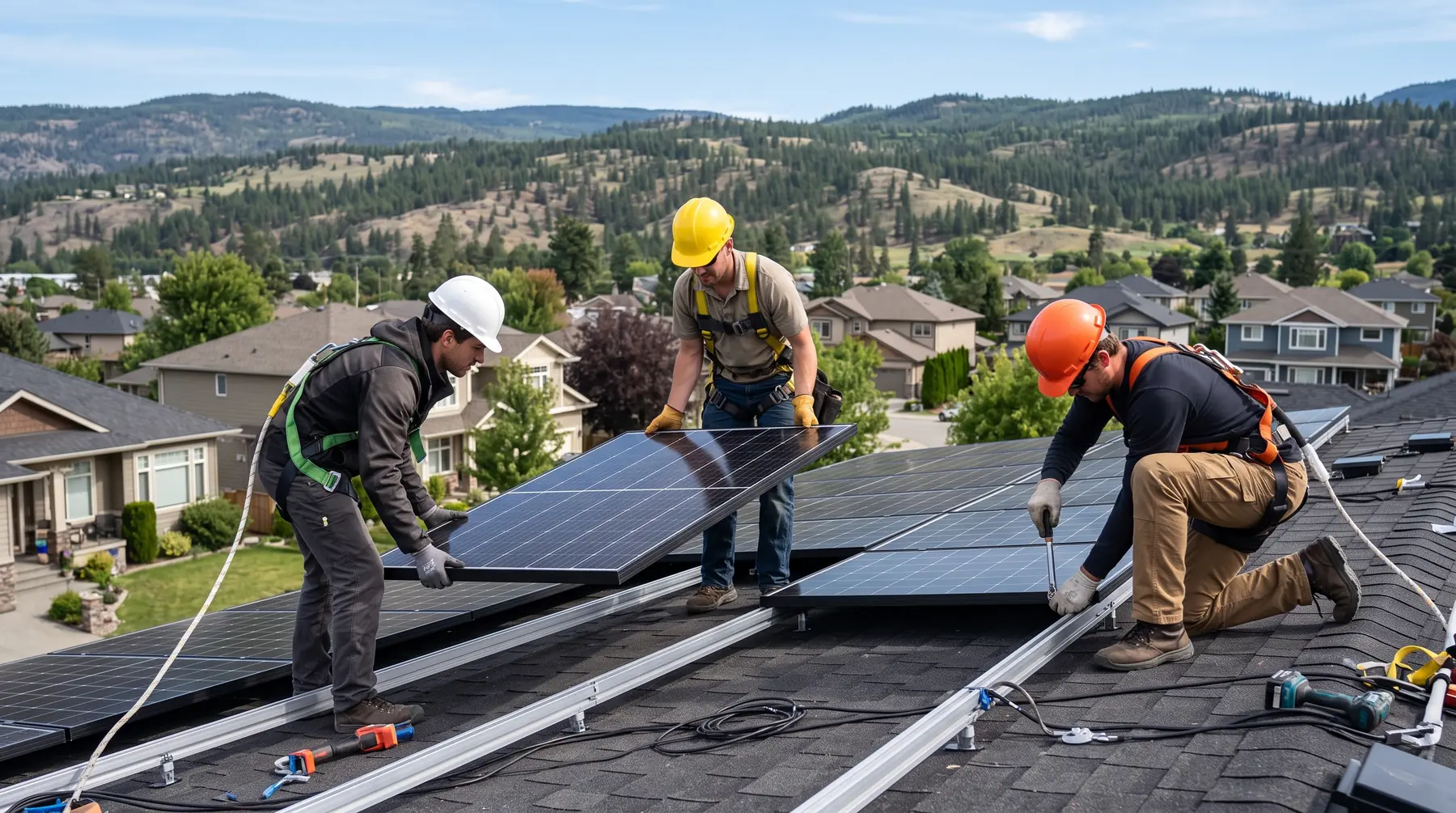 Three solar installers fitting panels together on a Kelowna roof