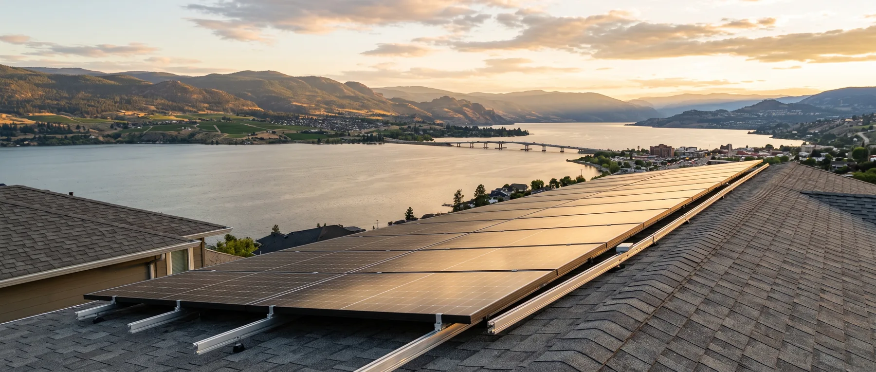 Rooftop solar array catching sunset light above Okanagan Lake