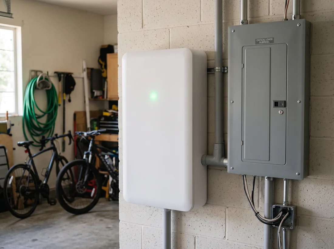 White home battery mounted beside a backup subpanel in a garage