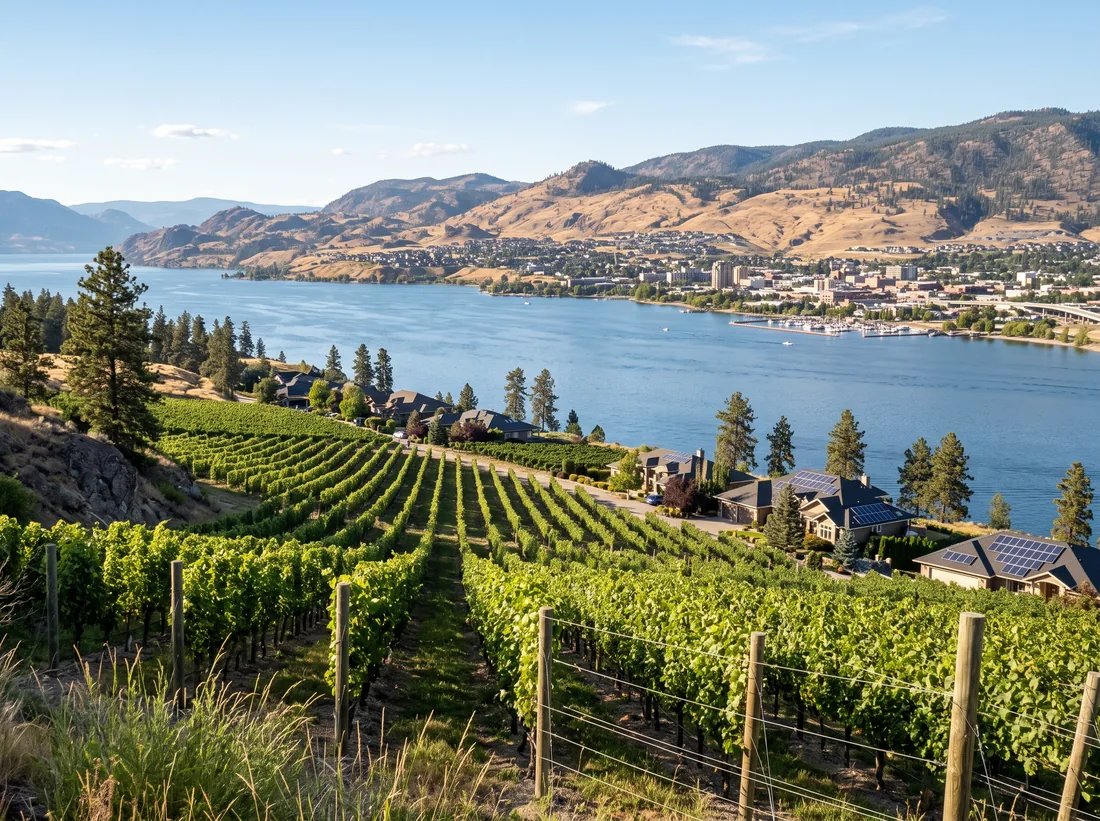 Vineyard rows on a West Kelowna bench above Okanagan Lake