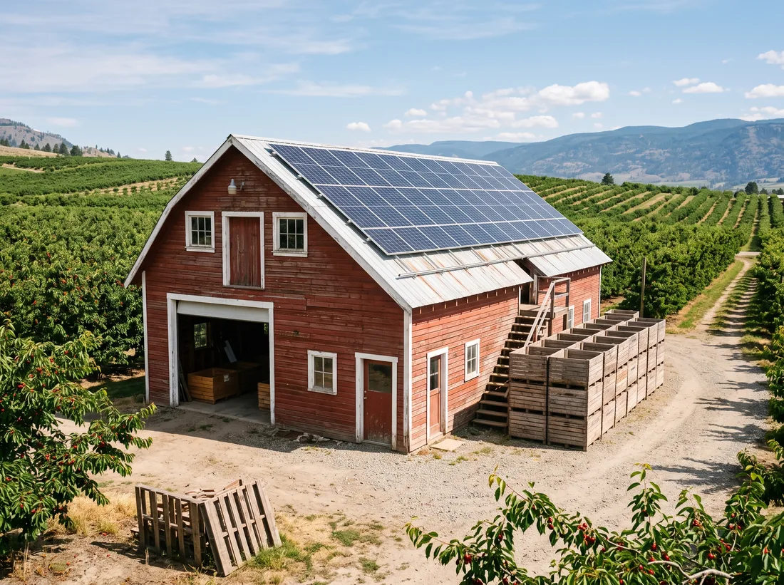 Fruit packing shed with a solar array on its roof in a Kelowna orchard