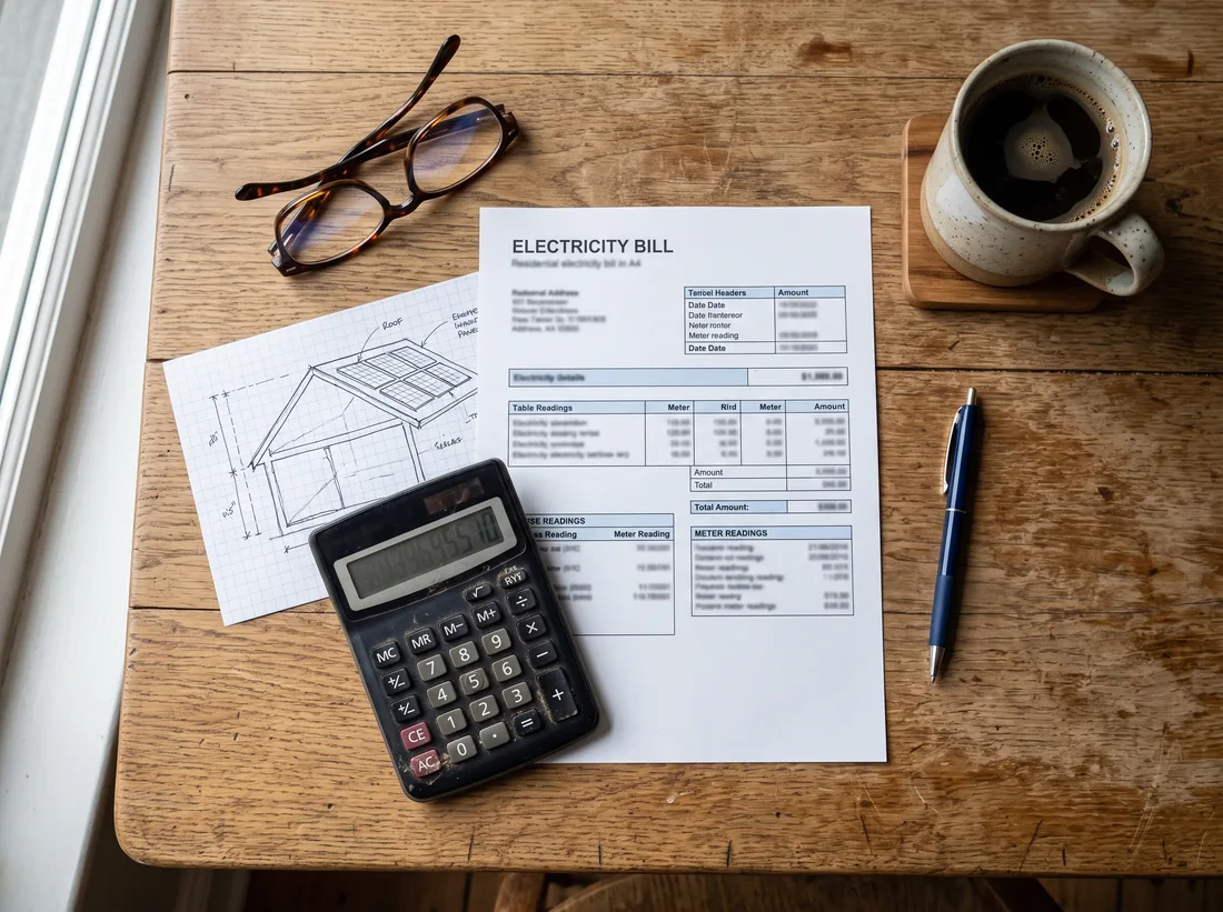 Electricity bill, calculator and a roof sketch on a kitchen table