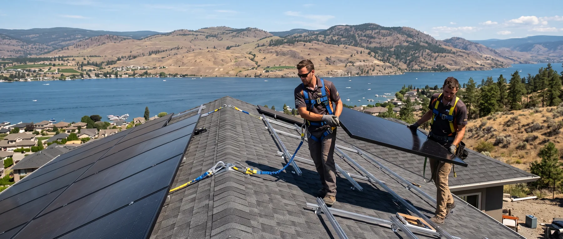 Installers carrying a solar panel across a residential roof with Okanagan Lake behind