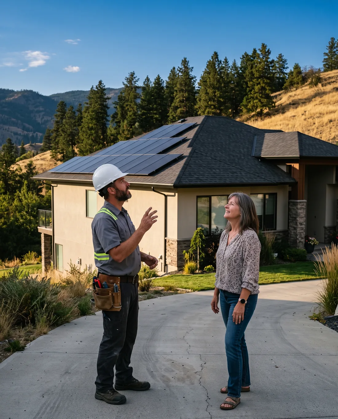 Solar installer and homeowner in a driveway looking up at new panels on a Kelowna house
