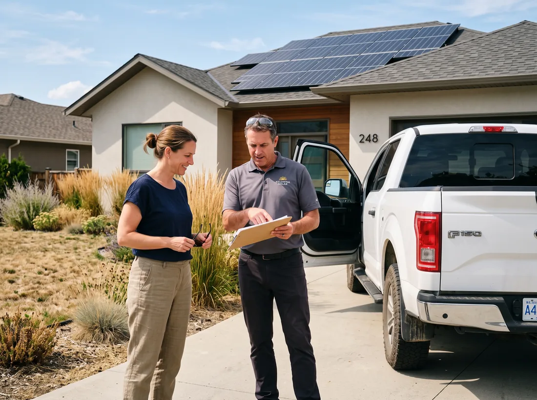 Homeowner and solar project manager reviewing a roof layout plan beside a pickup truck