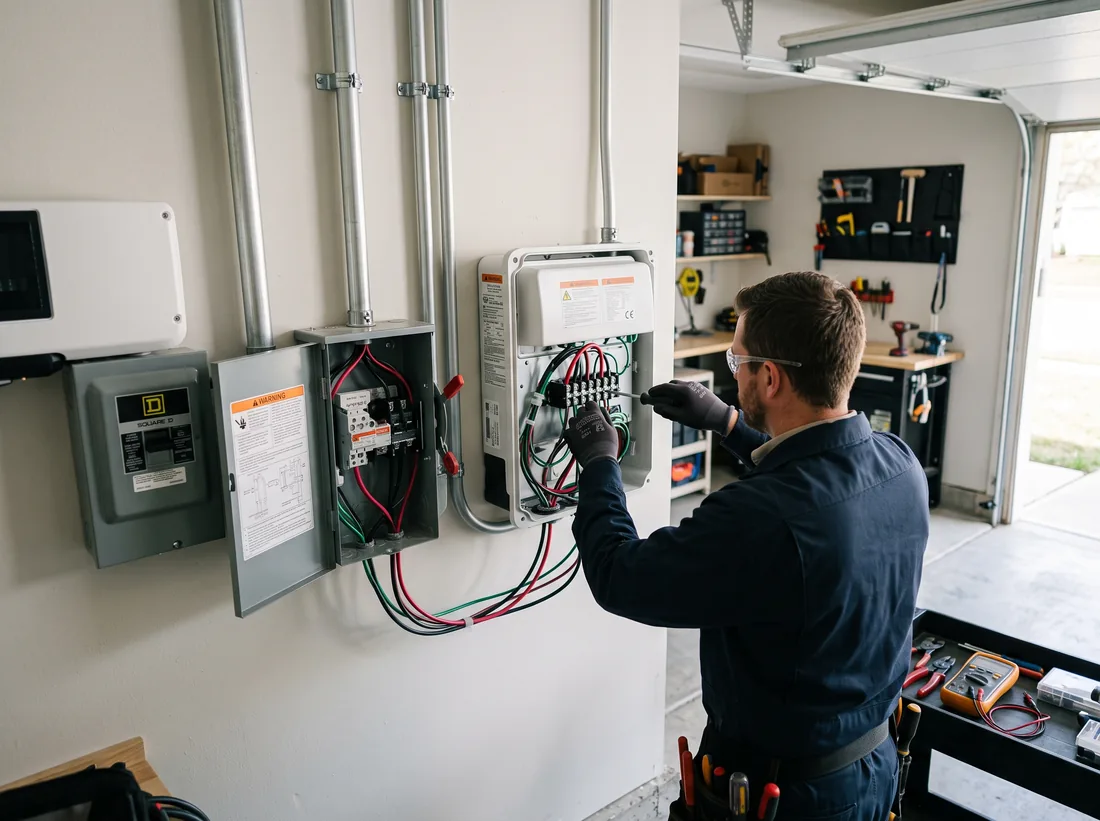 Electrician wiring a wall-mounted solar inverter in a residential garage