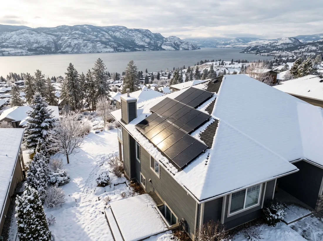 Kelowna house roof with solar panels clear of snow in winter sun