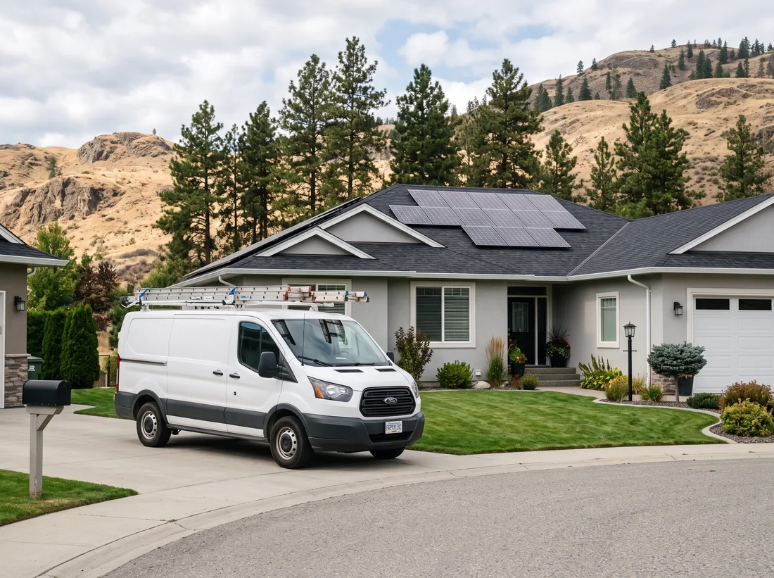 Unmarked installer van parked outside a home with rooftop solar near Glenmore