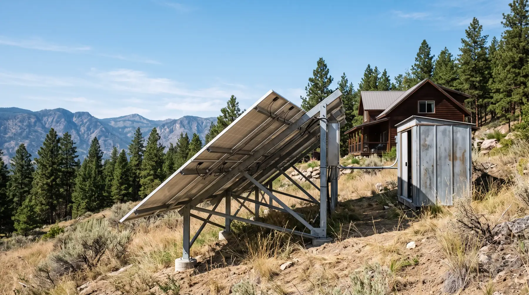 Ground-mounted off-grid solar array beside a battery shed on a rural Okanagan acreage