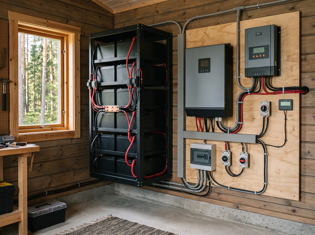 Battery rack and off-grid inverter in a cabin utility room