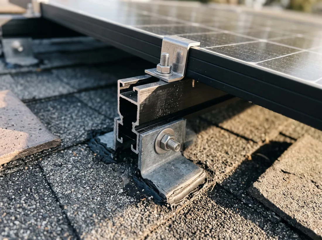 Close-up of solar racking rails, clamps and a flashed roof attachment