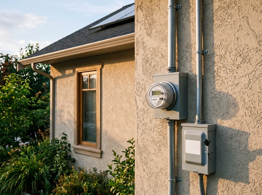 Bi-directional electricity meter and solar disconnect on a house wall