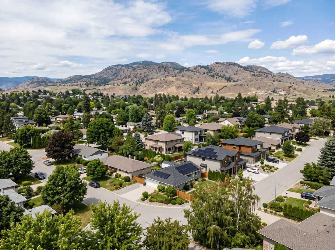 Kelowna neighbourhood rooftops, several with solar panels, below dry hills, near Glenmore