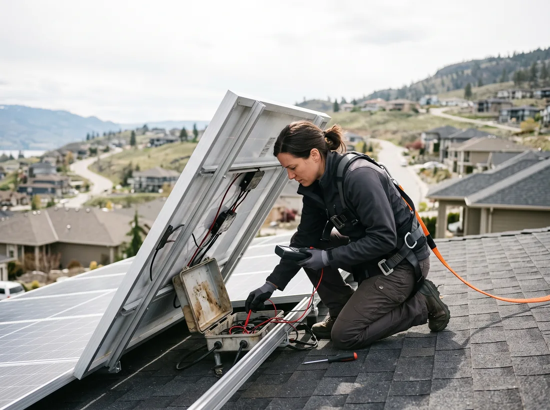 Solar technician testing a panel junction box with a multimeter on a roof