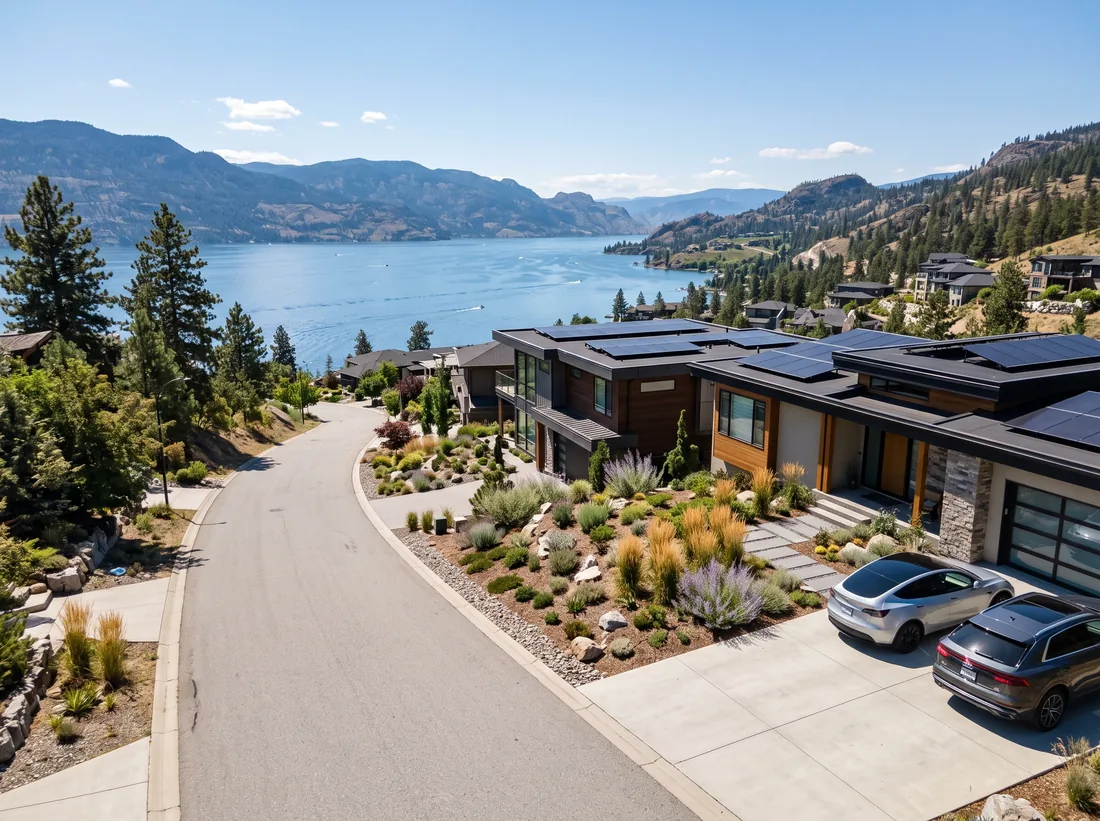 Hillside Kelowna street with solar panels on several homes and the lake below
