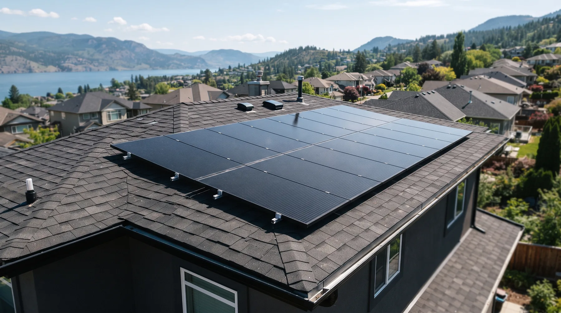 Newly installed black solar panels on a shingled house roof in Kelowna