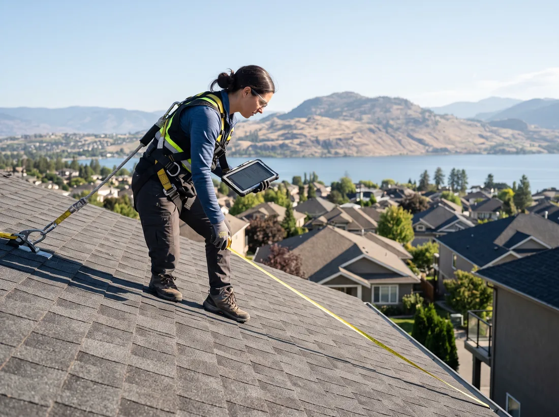 Solar assessor measuring a bare roof plane with a tape and tablet