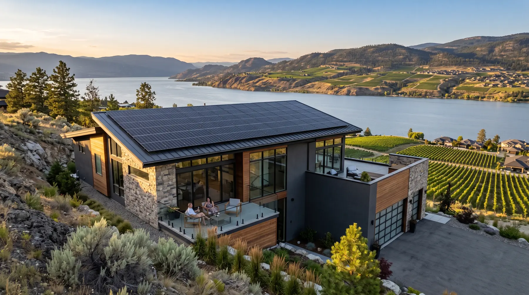 Hillside home with rooftop solar panels overlooking Okanagan Lake, near Glenmore