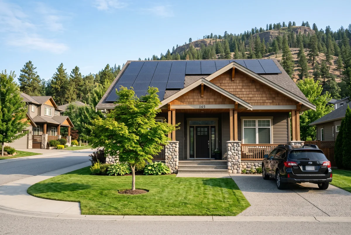 Newer Kelowna family home with black solar panels across the roof
