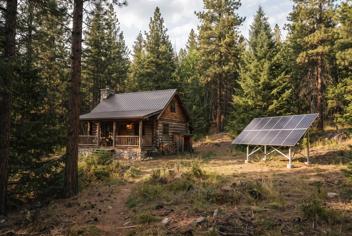 Timber cabin in the pines with a ground-mounted off-grid solar array
