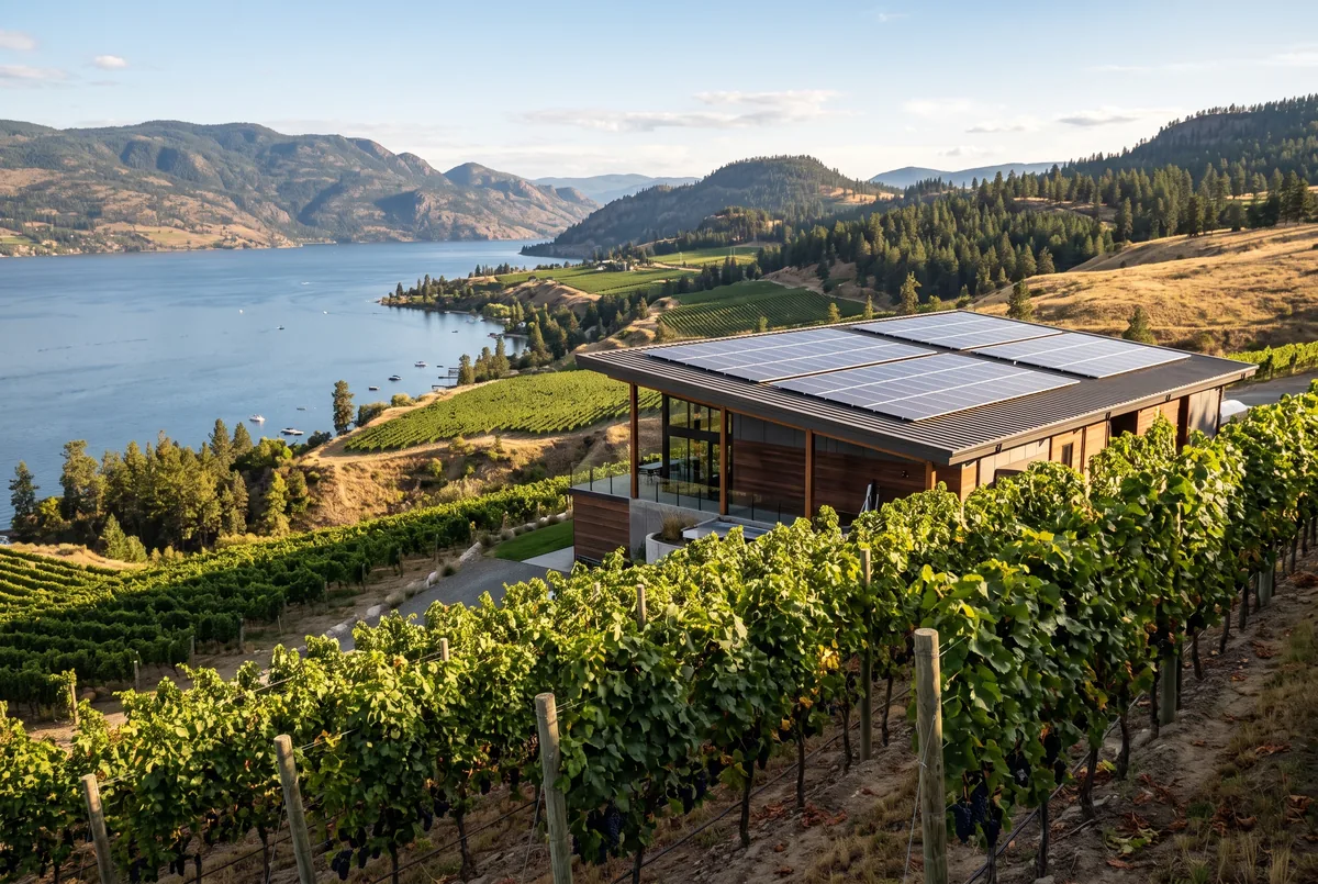 Winery building with a solar array on its roof above vineyard rows and Okanagan Lake